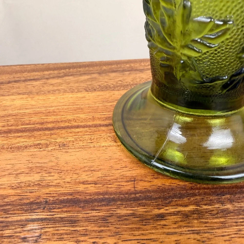 Indiana Glass Harvest Grape Olive Green Vintage Pedestal Vase 10 Inch Heptagon